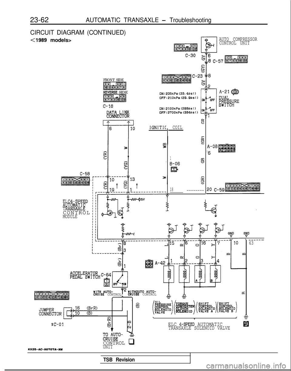 MITSUBISHI GALANT 1989 Service Repair Manual 23-62AUTOMATIC TRANSAXLE - Troubleshooting
CIRCUIT DIAGRAM (CONTINUED)
<1989 models>
FRONT SIDE
REVERBE SIDE
C-18
e!T&Lcl%
C-58
ELC4-SPEED
!#i!.E%CECONTRO
L
MODULE
r.I
AUTO COMPRESSOR
CONTROL UNIT
I MITSUBISHI GALANT 1989 Service Repair Manual 23-62AUTOMATIC TRANSAXLE - Troubleshooting
CIRCUIT DIAGRAM (CONTINUED)
<1989 models>
FRONT SIDE
REVERBE SIDE
C-18
e!T&Lcl%
C-58
ELC4-SPEED
!#i!.E%CECONTRO
L
MODULE
r.I
AUTO COMPRESSOR
CONTROL UNIT
I