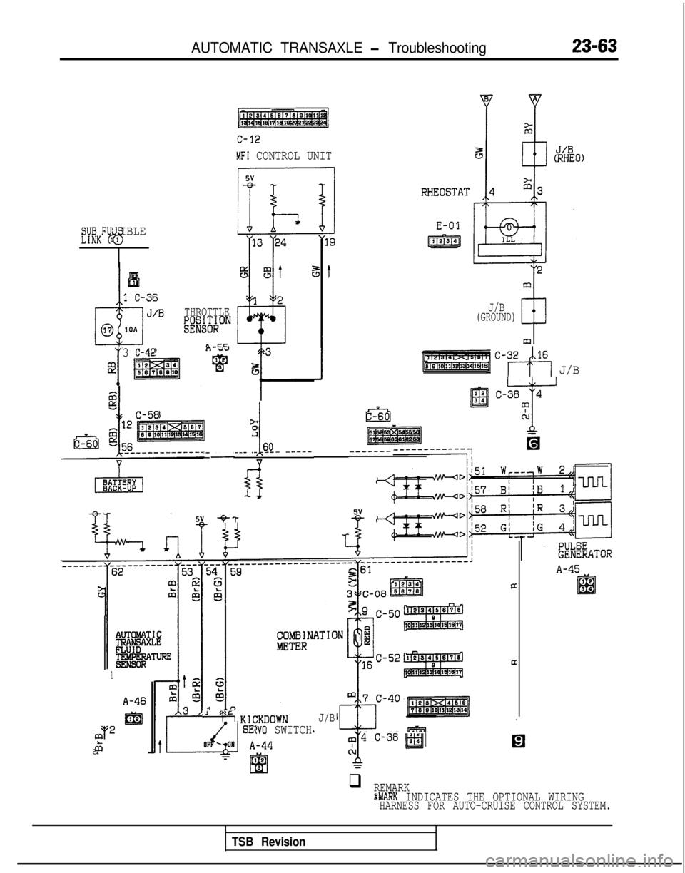 MITSUBISHI GALANT 1989 Service Repair Manual AUTOMATIC TRANSAXLE - Troubleshooting
MFI CONTROL UNIT
THROTTLEW#ON
n cc
E-01
mfY;KFU1 IBLE23
J/B(GROUND)
C-32 xi.16
I
3 C-42E
5 13 ~1~11~1Ef13(14l15#61117 J/B
c-38 4
T
41cu
-c-58>0
i
.___ -’s_Q- -- MITSUBISHI GALANT 1989 Service Repair Manual AUTOMATIC TRANSAXLE - Troubleshooting
MFI CONTROL UNIT
THROTTLEW#ON
n cc
E-01
mfY;KFU1 IBLE23
J/B(GROUND)
C-32 xi.16
I
3 C-42E
5 13 ~1~11~1Ef13(14l15#61117 J/B
c-38 4
T
41cu
-c-58>0
i
.___ -’s_Q- --