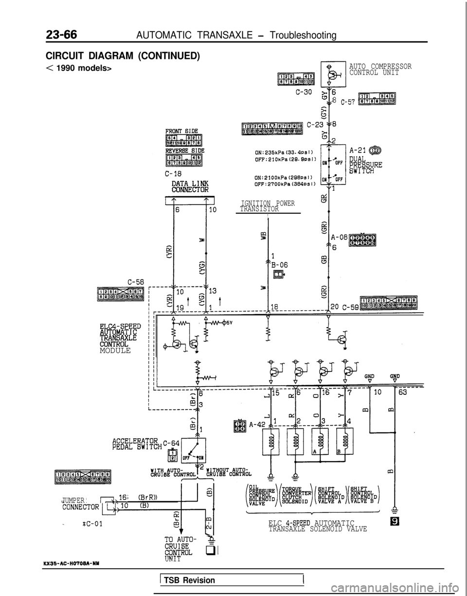 MITSUBISHI GALANT 1989  Service Repair Manual 23-66AUTOMATIC TRANSAXLE - Troubleshooting
CIRCUIT DIAGRAM (CONTINUED)
< 1990 models>
C-18
AUTO COMPRESSORCONTROL UNIT
8 C-57 8 7 o ~~011s f!l!EsB
A-21@
ON:2lOOkPa(2BBPsl)OFF:2700kPa (384psl)
IGNITION