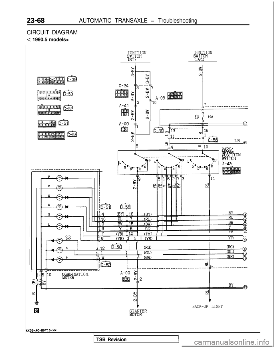 MITSUBISHI GALANT 1989  Service Repair Manual AUTOMATIC TRANSAXLE - Troubleshooting
CIRCUIT DIAGRAM
< 1990.5 models>
IGNITION
YETFHI
IGNITION
%YCH
I
A-09 v1(i)
@j
3
4.J",,ll__-----.-----
2 LB a
0*4lx 10
i3%L
I \L-x
(BY)
(RL)
(BW)_... I
O/DII:( 2(