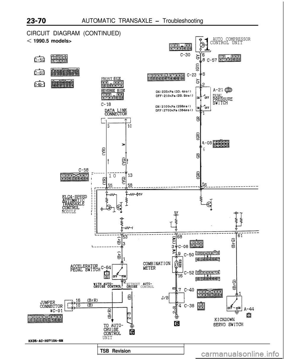 MITSUBISHI GALANT 1989  Service Repair Manual 23-70AUTOMATIC TRANSAXLE - Troubleshooting
CIRCUIT DIAGRAM (CONTINUED)
< 1990.5 models>
FRONT 61DE
C-18
C-58 r-----
lI
I
III
MODULEII
310
7 3
t
G23
-------1

0
"i2
13
_
C-23 :
t;
ON:2100kPa(298DSl)OFF