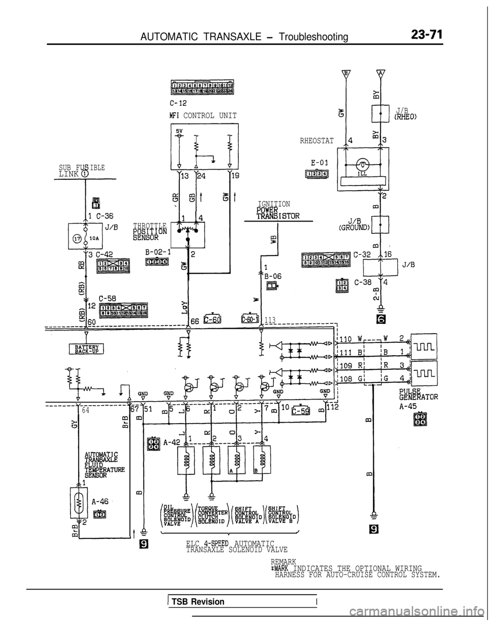 MITSUBISHI GALANT 1989  Service Repair Manual AUTOMATIC TRANSAXLE - Troubleshooting23-71
SUB FUIBLELINK 1d
l-I!!1
c-12
MFI CONTROL UNIT
11 14THROTTLEW$W~~ON
\I
RHEOSTAT
E-01
19pis%Jg
tIGNITION
!~!#!ISTORI
J/B(RHEO)
d- -1113_--------------:1
r
___