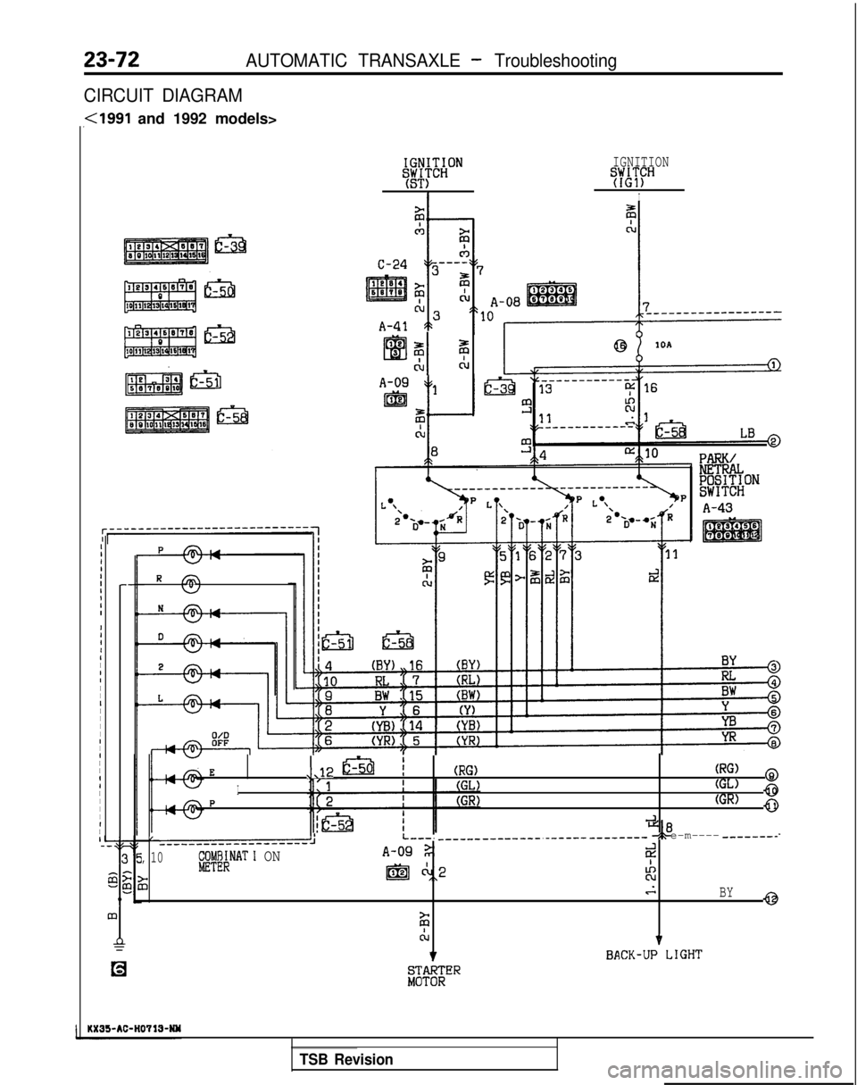 MITSUBISHI GALANT 1989  Service Repair Manual AUTOMATIC TRANSAXLE - Troubleshooting
CIRCUIT DIAGRAM
,<1991 and 1992 models>
II1II
I
IIIII
I
I
I
I
I
I
1I
I
1lII
I
I
I
I
I
IIIIII -IIII
R mw
IGNITION
W"
I
le 5
Bl
33 m
c;Efc-u
IGNITION
%F"
I
E,,I2 &$