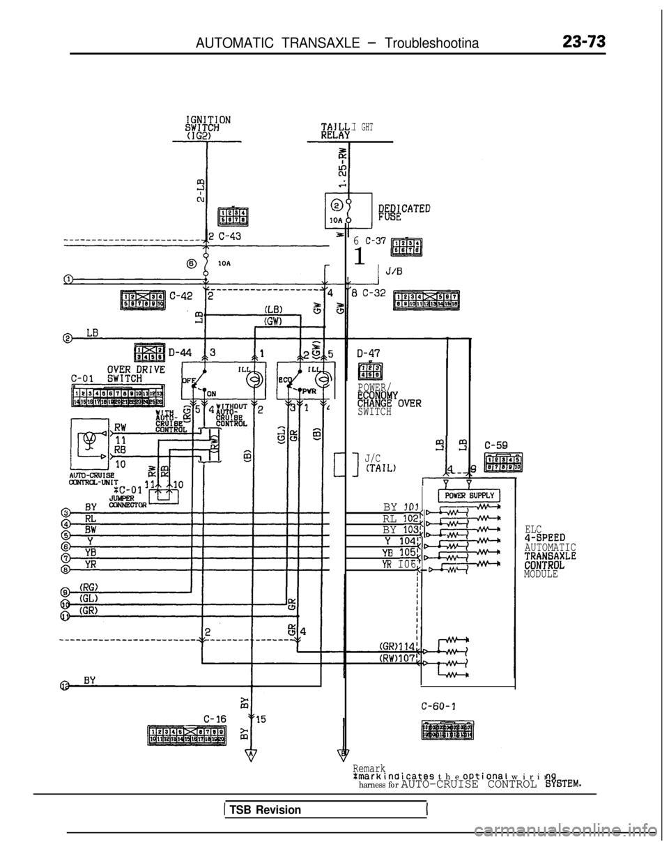 MITSUBISHI GALANT 1989  Service Repair Manual AUTOMATIC TRANSAXLE - Troubleshootina
IG2)
-T-
tes4
Ia6371
@10A
III
C-16
I GHT
#&CATED
6 C-37
1( J/B
POWER/
~i%%OVERSWITCH
1
J/C(TAIL)-1,4
I
IfzPOk
BY 101 4
RL 102:~
BY 103ka
Y 1041<&
YB 105\-
YR 106