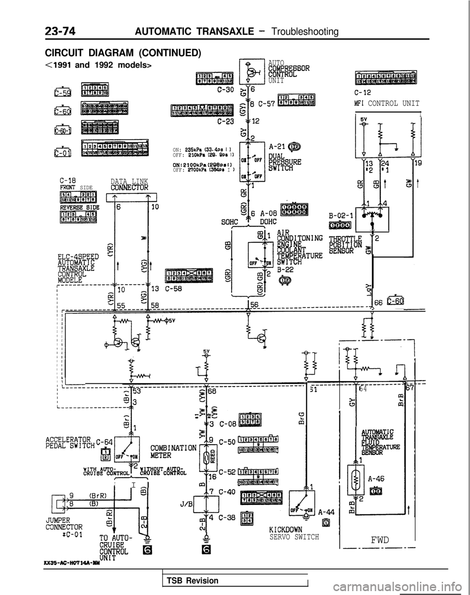 MITSUBISHI GALANT 1989  Service Repair Manual 23-74AUTOMATIC TRANSAXLE - Troubleshooting
CIRCUIT DIAGRAM (CONTINUED)
(1991 and 1992 models>
El
AUTO#bI;1W&&"OR
UNIT"-
c-12
MFI CONTROL UNIT
I1
ON: 235kPa (33.4~a I IOFF: 2lOkPa C22. BPS I)
ON:2100kP