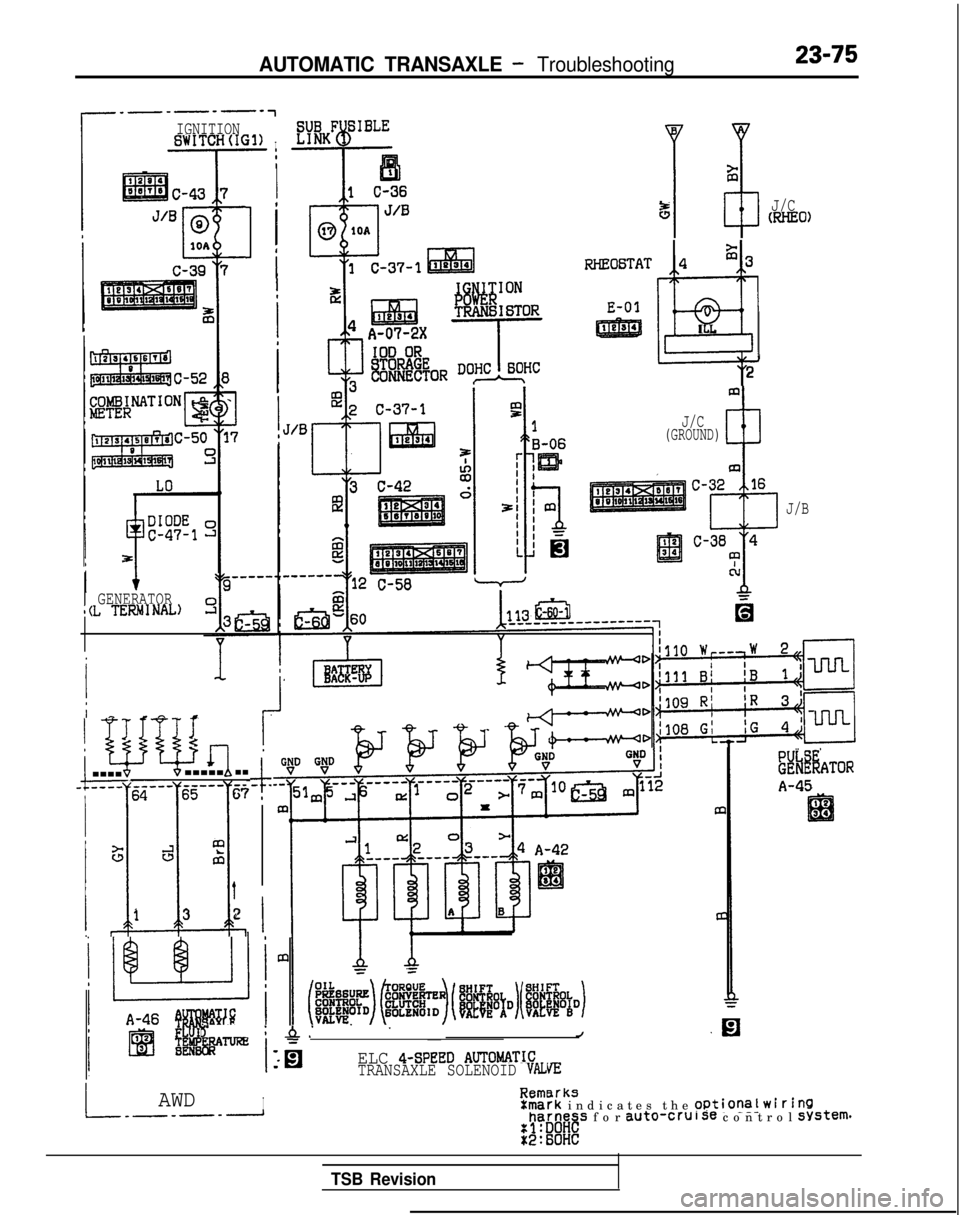 MITSUBISHI GALANT 1989 Service Repair Manual AUTOMATIC TRANSAXLE - Troubleshooting23-75
IGNITIONBWITCH(IG1)I
Ia
I
1 ’
iRHEO6TAT
E-01
5J/CmHE0)
GENERATORl(L TERMNAL)
4$3
@
I
L
2
I I-?i
wb&q-------.-.-.-------6567
I
Y
.l!.
GJal
t
13 2
$- .
I
J/C MITSUBISHI GALANT 1989 Service Repair Manual AUTOMATIC TRANSAXLE - Troubleshooting23-75
IGNITIONBWITCH(IG1)I
Ia
I
1 ’
iRHEO6TAT
E-01
5J/CmHE0)
GENERATORl(L TERMNAL)
4$3
@
I
L
2
I I-?i
wb&q-------.-.-.-------6567
I
Y
.l!.
GJal
t
13 2
$- .
I
J/C