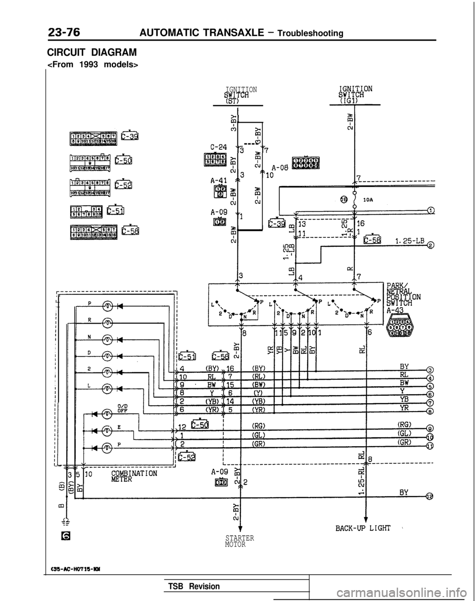 MITSUBISHI GALANT 1989 Service Repair Manual 23-76AUTOMATIC TRANSAXLE - Troubleshooting
CIRCUIT DIAGRAM
<From 1993 models>
IGNITIONT#TCH
I
IIIIIII
II
I
I
I
IIII
I
I
I
I
IIII
I
iII-- 5
m
4
C-24
A-41
A-09
I&
ii,,
CAzicb----‘3 “7
? zcl,\ A-08", MITSUBISHI GALANT 1989 Service Repair Manual 23-76AUTOMATIC TRANSAXLE - Troubleshooting
CIRCUIT DIAGRAM
<From 1993 models>
IGNITIONT#TCH
I
IIIIIII
II
I
I
I
IIII
I
I
I
I
IIII
I
iII-- 5
m
4
C-24
A-41
A-09
I&
ii,,
CAzicb----‘3 “7
? zcl,\ A-08",