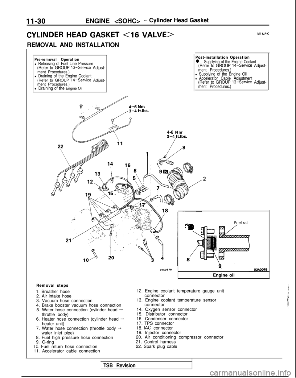 MITSUBISHI GALANT 1989 Service Manual PDF II-30ENGINE <SOHC>- Cylinder Head Gasket
CYLINDER HEAD GASKET <I6 VALVE>
REMOVAL AND INSTALLATION
Ml IJA-C
Pre-removal Operationl Releasing of Fuel Line Pressure(Refer to GROUP 13-Service Adjust-ment MITSUBISHI GALANT 1989 Service Manual PDF II-30ENGINE <SOHC>- Cylinder Head Gasket
CYLINDER HEAD GASKET <I6 VALVE>
REMOVAL AND INSTALLATION
Ml IJA-C
Pre-removal Operationl Releasing of Fuel Line Pressure(Refer to GROUP 13-Service Adjust-ment