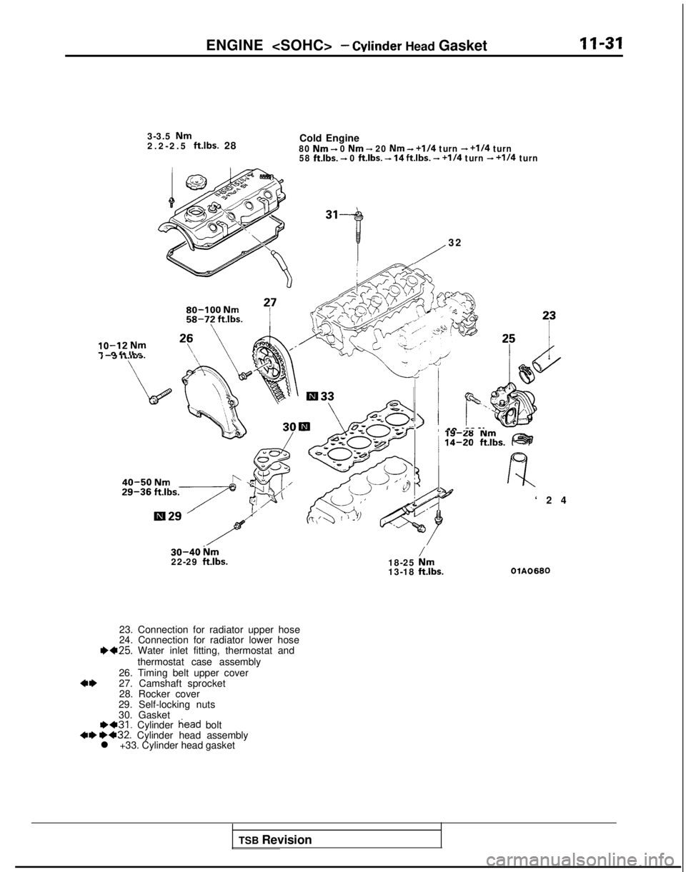 MITSUBISHI GALANT 1989  Service Manual Online ENGINE <SOHC>- Winder Head Gasket
3-3.5 
Nm2.2-2.5 ft.lbs. 28 Cold Engine80 Nm + 0 Nm - 20 Nm - +1/4
 turn + +I/4 turn
58 ft.lbs. - 0 ftlbs.  -+ 14fWbs. - +I/4 turn - +1/4 turn
/g$j?&-
- Tiff i ”.\,