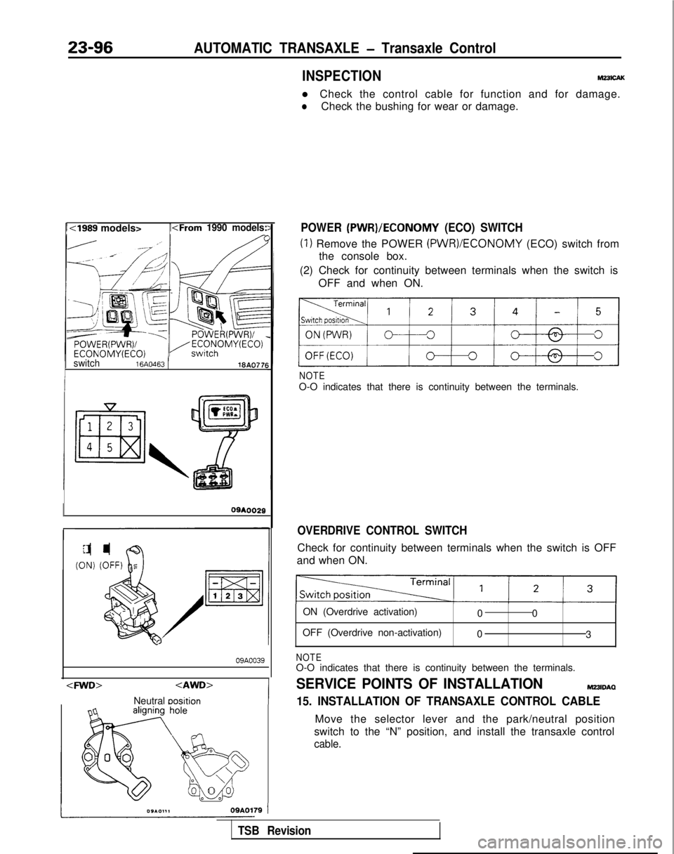 MITSUBISHI GALANT 1989 Service Repair Manual 23-96AUTOMATIC TRANSAXLE - Transaxle ControlI<1989
models>
/<From 1990 models:
switch 16A046318A077E
09*0029
09A0039
<FWD> <AWD>
Neutral
oosition
INSPECTIONM23lcAK
l Check the control cable for func MITSUBISHI GALANT 1989 Service Repair Manual 23-96AUTOMATIC TRANSAXLE - Transaxle ControlI<1989
models>
/<From 1990 models:
switch 16A046318A077E
09*0029
09A0039
<FWD> <AWD>
Neutral
oosition
INSPECTIONM23lcAK
l Check the control cable for func