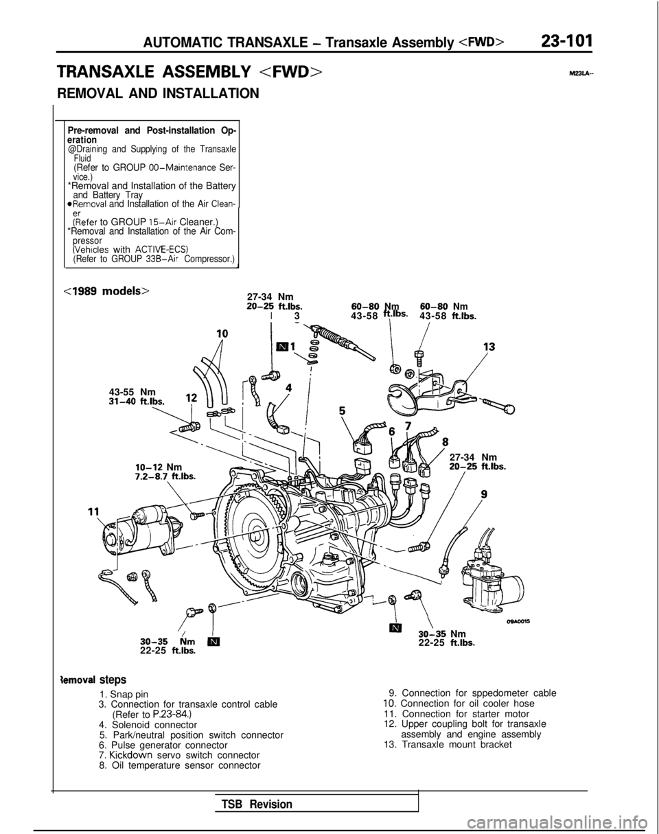 MITSUBISHI GALANT 1989 Service Repair Manual AUTOMATIC TRANSAXLE - Transaxle Assembly <FWD>
TRANSAXLE ASSEMBLY <FWD>
REMOVAL AND INSTALLATION
23-101
mz3u-
Pre-removal and Post-installation Op-eration@Draining and Supplying of the TransaxleFluid( MITSUBISHI GALANT 1989 Service Repair Manual AUTOMATIC TRANSAXLE - Transaxle Assembly <FWD>
TRANSAXLE ASSEMBLY <FWD>
REMOVAL AND INSTALLATION
23-101
mz3u-
Pre-removal and Post-installation Op-eration@Draining and Supplying of the TransaxleFluid(
