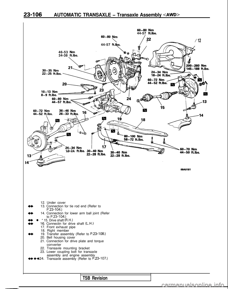 MITSUBISHI GALANT 1989 Service Repair Manual 23-106AUTOMATIC TRANSAXLE - Transaxle Assembly <AWD>
46-53 Nm34-38 ftlbs.
30-35 Nm
60-80 Nm44-57 ftlbs.60-80Nm
44-57ftlbs.\/,22/ 12
18-24
ftlbs.30-40
08AO181
4*
4*
12. Under cover
13. Connection for MITSUBISHI GALANT 1989 Service Repair Manual 23-106AUTOMATIC TRANSAXLE - Transaxle Assembly <AWD>
46-53 Nm34-38 ftlbs.
30-35 Nm
60-80 Nm44-57 ftlbs.60-80Nm
44-57ftlbs.\/,22/ 12
18-24
ftlbs.30-40
08AO181
4*
4*
12. Under cover
13. Connection for