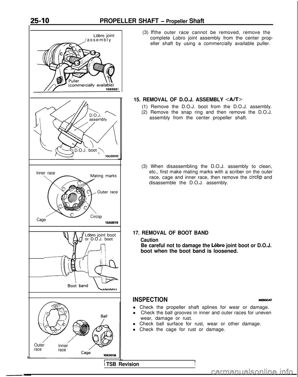 MITSUBISHI GALANT 1989 Service Repair Manual 25-10PROPELLER SHAFT - Propeller Shaft
Lijbro joint
/assembl
y
10u0010
Inner race
10AOOlS
Lejbro joint boot
Outerrace
/innerrace
(3) If the outer race cannot be removed, remove the
complete Lobro jo MITSUBISHI GALANT 1989 Service Repair Manual 25-10PROPELLER SHAFT - Propeller Shaft
Lijbro joint
/assembl
y
10u0010
Inner race
10AOOlS
Lejbro joint boot
Outerrace
/innerrace
(3) If the outer race cannot be removed, remove the
complete Lobro jo