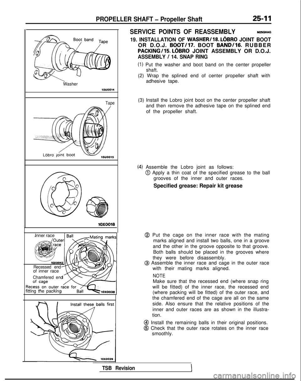 MITSUBISHI GALANT 1989 Service Repair Manual PROPELLER SHAFT - Propeller Shaft25-11
Washer
Tape
Inner raceI Rnll
Recessed endof inner race
Chamfered end
fitting the packing
SERVICE POINTS OF REASSEMBLYMZ9GHAQ
19. INSTALLATION OF WASHER/18. LOBRO MITSUBISHI GALANT 1989 Service Repair Manual PROPELLER SHAFT - Propeller Shaft25-11
Washer
Tape
Inner raceI Rnll
Recessed endof inner race
Chamfered end
fitting the packing
SERVICE POINTS OF REASSEMBLYMZ9GHAQ
19. INSTALLATION OF WASHER/18. LOBRO