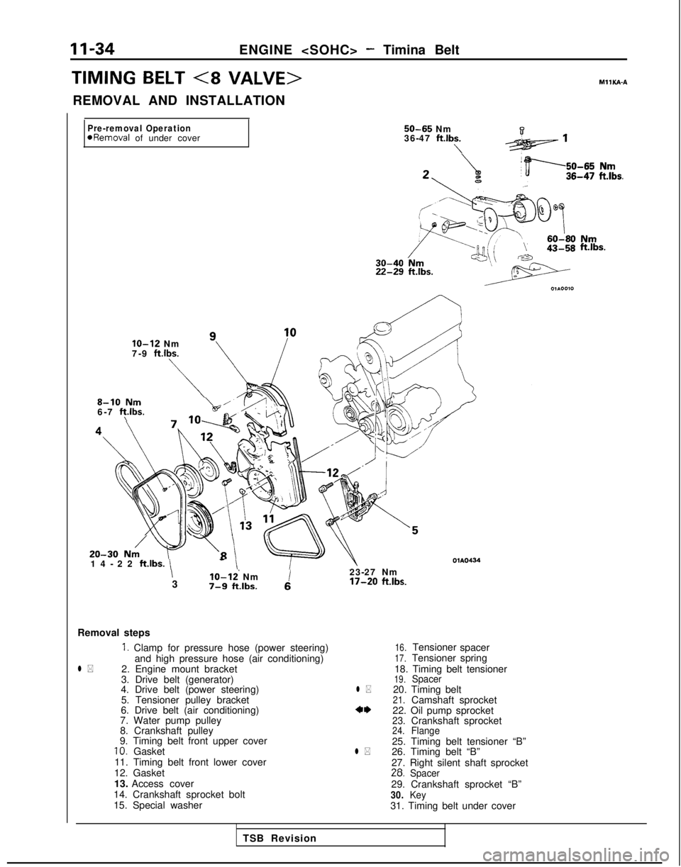 MITSUBISHI GALANT 1989  Service Manual Online 11-34
ENGINE <SOHC> - Timina Belt
TIMING BELT (8 VALVE>MIlKA-A
REMOVAL AND INSTALLATION
Pre-removal OperationaRemoval of under cover 50-65
 Nm
36-47 ftlbs.
\ 22-29
 
ft.lbs.
ft.lbs.
IO-12 Nm
7-9 ft.lb