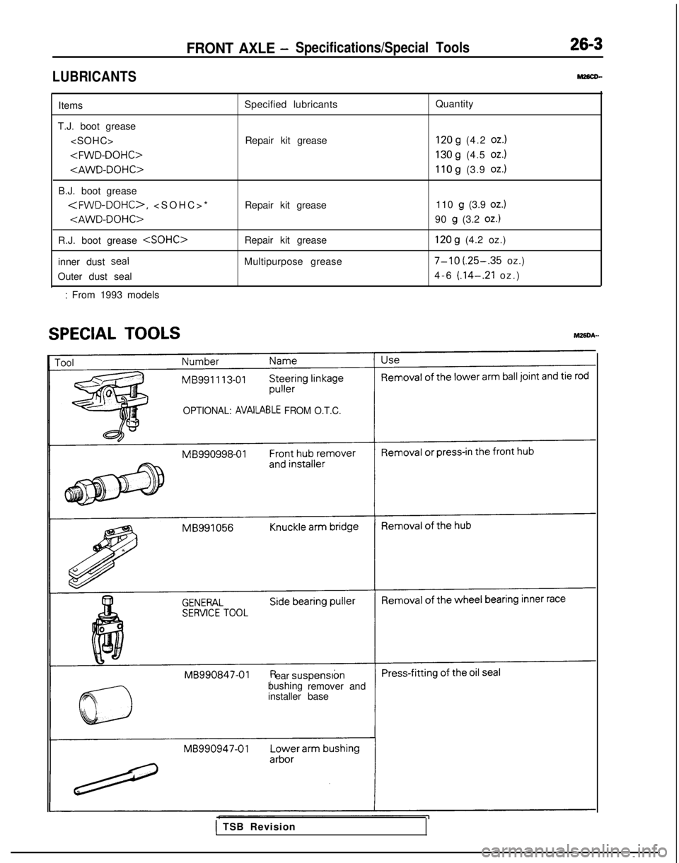 MITSUBISHI GALANT 1989 Service Repair Manual LUBRICANTS
FRONT AXLE -Specifications/Special Tools26-3
M26cD-
Items
T.J. boot grease <SOHC> <FWD-DOHC>
<AWD-DOHC>
B.J. boot grease
<FWD-DOHC>, <SOHC>
*
<AWD-DOHC>
R.J. boot grease <SOHC>
inner dust MITSUBISHI GALANT 1989 Service Repair Manual LUBRICANTS
FRONT AXLE -Specifications/Special Tools26-3
M26cD-
Items
T.J. boot grease <SOHC> <FWD-DOHC>
<AWD-DOHC>
B.J. boot grease
<FWD-DOHC>, <SOHC>
*
<AWD-DOHC>
R.J. boot grease <SOHC>
inner dust