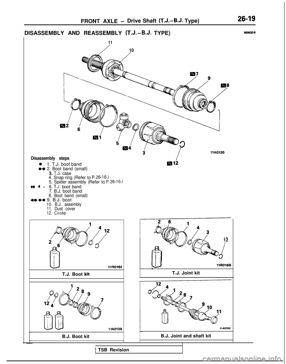 MITSUBISHI GALANT 1989 Service Repair Manual FRONT AXLE -Drive Shaft ‘(T.J.-B.J. Type)26-19
DISASSEMBLY AND REASSEMBLY (T.J.-B.J. TYPE)
11
/10
Disassembly steps
l 1. T.J. boot bandM 2. Boot band (small)3. T.J. case
4. Snap ring (Refer to P.26- MITSUBISHI GALANT 1989 Service Repair Manual FRONT AXLE -Drive Shaft ‘(T.J.-B.J. Type)26-19
DISASSEMBLY AND REASSEMBLY (T.J.-B.J. TYPE)
11
/10
Disassembly steps
l 1. T.J. boot bandM 2. Boot band (small)3. T.J. case
4. Snap ring (Refer to P.26-