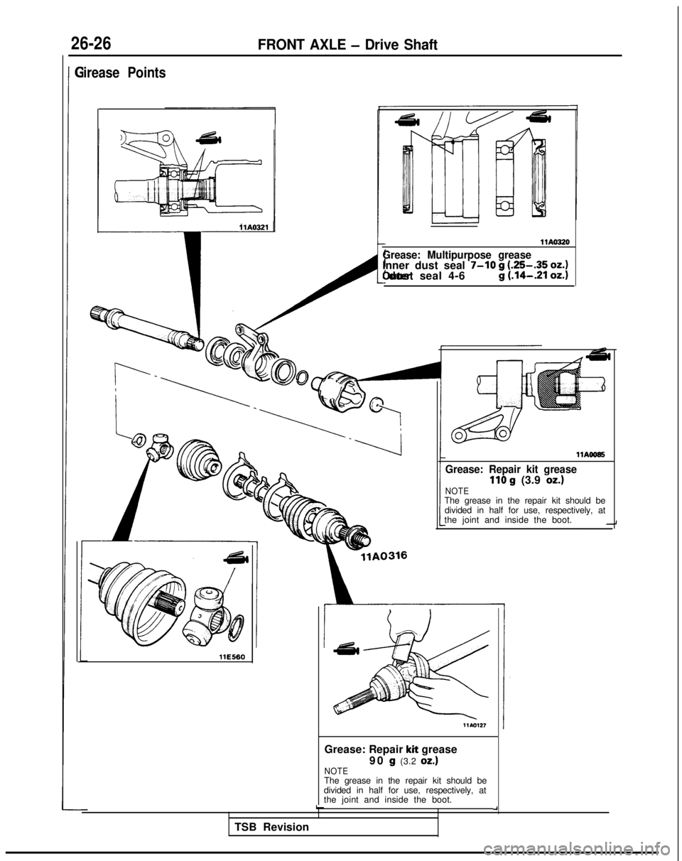 MITSUBISHI GALANT 1989 Service Repair Manual 26-26FRONT AXLE - Drive Shaft
irease Points
llA0321 1
llE560llAO320
Grease: Multipurpose greaseInner dust seal 7-10 g
(.25-.35
oz.) outer dust seal 4-6 g (.14-.21
oz.)
llAOO65
Grease: Repair kit g MITSUBISHI GALANT 1989 Service Repair Manual 26-26FRONT AXLE - Drive Shaft
irease Points
llA0321 1
llE560llAO320
Grease: Multipurpose greaseInner dust seal 7-10 g
(.25-.35
oz.) outer dust seal 4-6 g (.14-.21
oz.)
llAOO65
Grease: Repair kit g