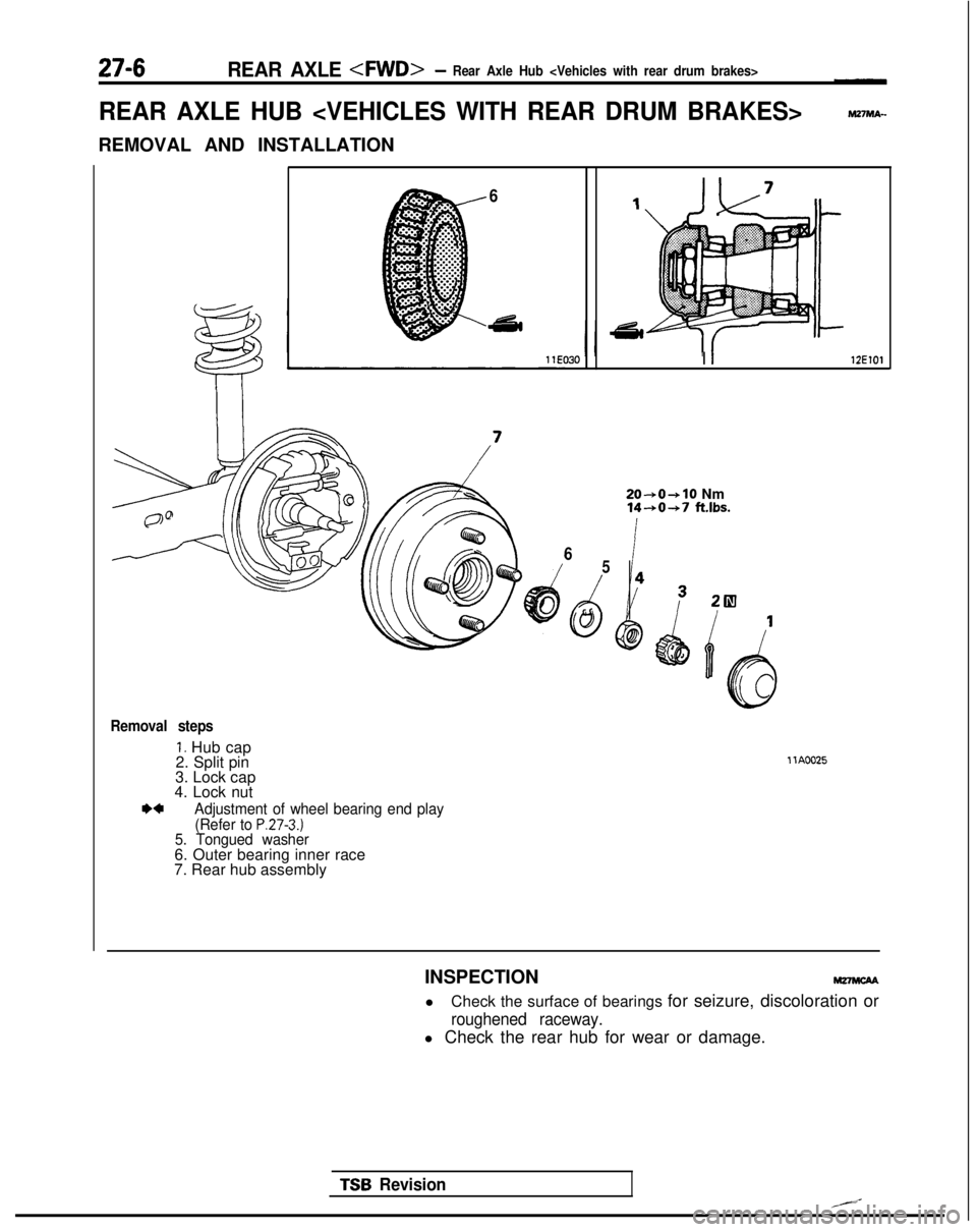 MITSUBISHI GALANT 1989 Service Repair Manual 27-6REAR AXLE <FWD>- Rear Axle Hub <Vehicles with rear drum brakes>
REAR AXLE HUB <VEHICLES WITH REAR DRUM BRAKES>
REMOVAL AND INSTALLATION
6
I 112ElOl
65
Removal steps
1. Hub cap
2. Split pin
3. Lock MITSUBISHI GALANT 1989 Service Repair Manual 27-6REAR AXLE <FWD>- Rear Axle Hub <Vehicles with rear drum brakes>
REAR AXLE HUB <VEHICLES WITH REAR DRUM BRAKES>
REMOVAL AND INSTALLATION
6
I 112ElOl
65
Removal steps
1. Hub cap
2. Split pin
3. Lock
