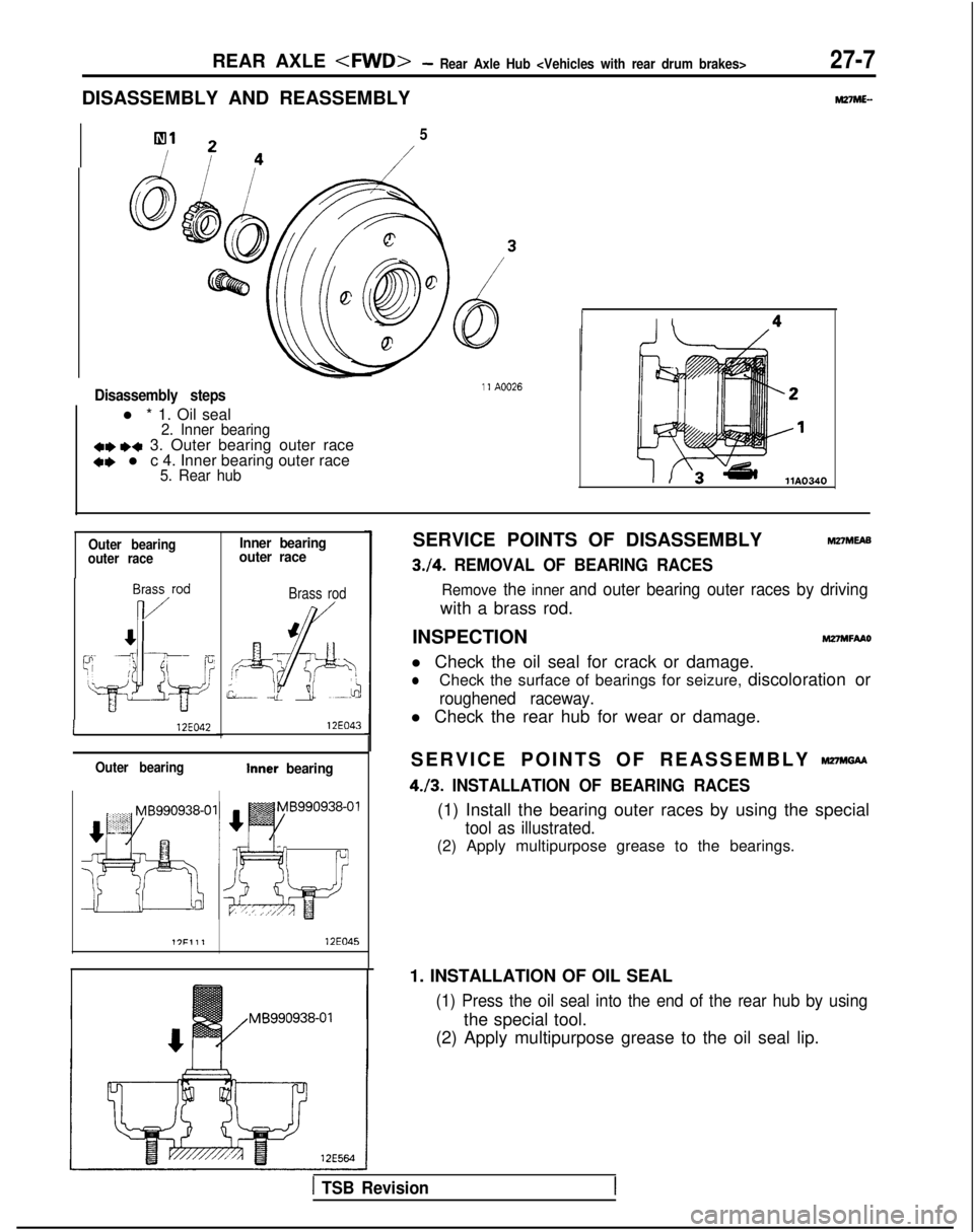 MITSUBISHI GALANT 1989 Service Repair Manual REAR AXLE <FWD>- Rear Axle Hub <Vehicles with rear drum brakes>27-7
DISASSEMBLY AND REASSEMBLYM27ME-
5
Disassembly steps
-11 A0026
l * 1. Oil seal
2. Inner bearing*e ea 3. Outer bearing outer raceae MITSUBISHI GALANT 1989 Service Repair Manual REAR AXLE <FWD>- Rear Axle Hub <Vehicles with rear drum brakes>27-7
DISASSEMBLY AND REASSEMBLYM27ME-
5
Disassembly steps
-11 A0026
l * 1. Oil seal
2. Inner bearing*e ea 3. Outer bearing outer raceae
