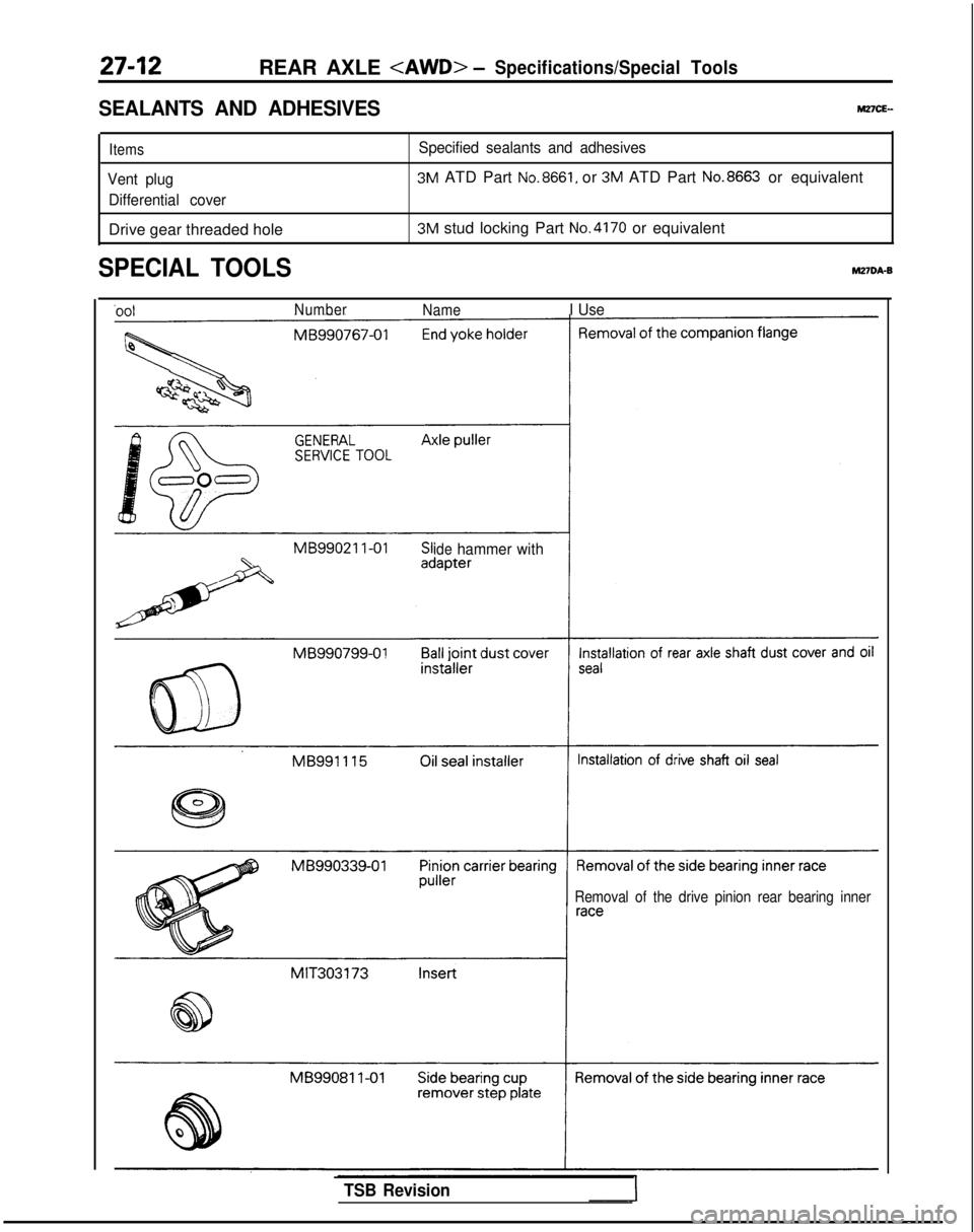 MITSUBISHI GALANT 1989 Service Repair Manual 27-12REAR AXLE <AWD> -Specifications/Special Tools
SEALANTS AND ADHESIVESMZICE-
ItemsSpecified sealants and adhesives
Vent plug
3M ATD Part No.8661, or 3M ATD Part No.8663 or equivalent
Differential c MITSUBISHI GALANT 1989 Service Repair Manual 27-12REAR AXLE <AWD> -Specifications/Special Tools
SEALANTS AND ADHESIVESMZICE-
ItemsSpecified sealants and adhesives
Vent plug
3M ATD Part No.8661, or 3M ATD Part No.8663 or equivalent
Differential c