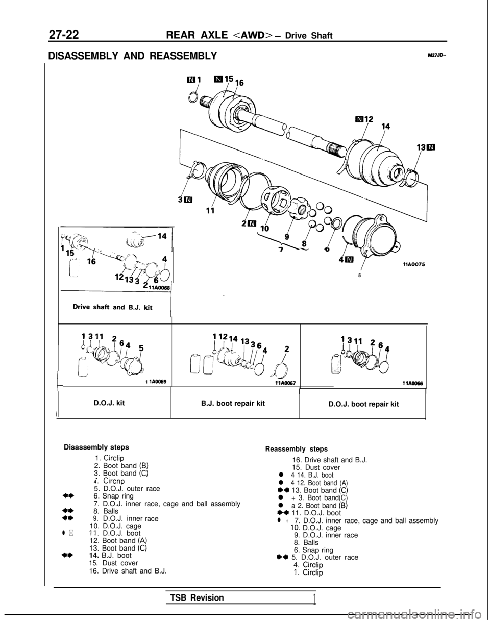 MITSUBISHI GALANT 1989 Service Repair Manual 27-22REAR AXLE <AWD> - Drive Shaft
DISASSEMBLY AND REASSEMBLYM27JD-
c
I -“&” -
YllA0075
5
1 lAOO69llAOO571 lAoo66
II
D.O.J. kitB.J. boot repair kit
D.O.J. boot repair kit
Disassembly steps 1. Cir MITSUBISHI GALANT 1989 Service Repair Manual 27-22REAR AXLE <AWD> - Drive Shaft
DISASSEMBLY AND REASSEMBLYM27JD-
c
I -“&” -
YllA0075
5
1 lAOO69llAOO571 lAoo66
II
D.O.J. kitB.J. boot repair kit
D.O.J. boot repair kit
Disassembly steps 1. Cir
