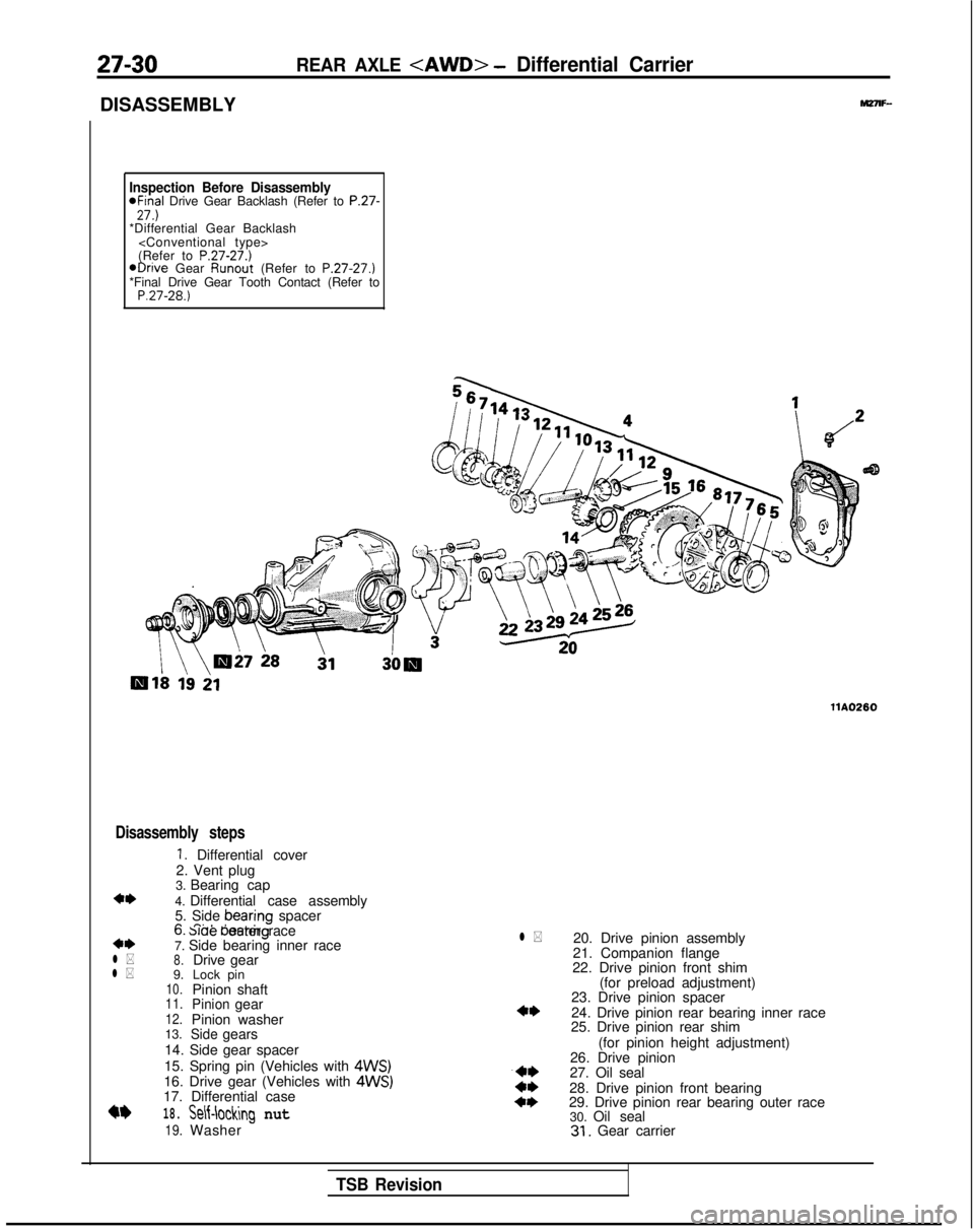 MITSUBISHI GALANT 1989 Service Repair Manual 27-30
DISASSEMBLY
REAR AXLE <AWD> - Differential Carrier
Inspection Before Disassembly*Final Drive Gear Backlash (Refer to P.27-27.)*Differential Gear Backlash<Conventional type>
(Refer to
P.27-27.)@ MITSUBISHI GALANT 1989 Service Repair Manual 27-30
DISASSEMBLY
REAR AXLE <AWD> - Differential Carrier
Inspection Before Disassembly*Final Drive Gear Backlash (Refer to P.27-27.)*Differential Gear Backlash<Conventional type>
(Refer to
P.27-27.)@