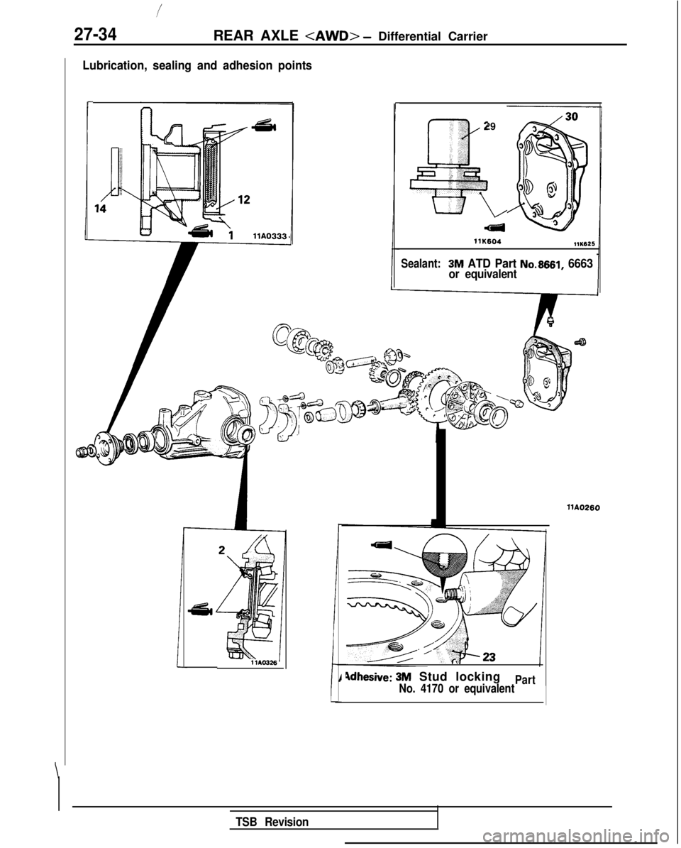 MITSUBISHI GALANT 1989 Service Repair Manual 27-34REAR AXLE <AWD> - Differential Carrier
\
Lubrication, sealing and adhesion points
r
1 MO326
r
‘, 29c.
,’ :
~
;I::a e-**,i ,,,,3;;,*; :i
L
Adhesive: 3M Stud locking
No. 4170 or equivalentPart
MITSUBISHI GALANT 1989 Service Repair Manual 27-34REAR AXLE <AWD> - Differential Carrier
\
Lubrication, sealing and adhesion points
r
1 MO326
r
‘, 29c.
,’ :
~
;I::a e-**,i ,,,,3;;,*; :i
L
Adhesive: 3M Stud locking
No. 4170 or equivalentPart