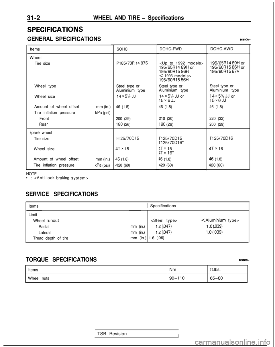 MITSUBISHI GALANT 1989  Service Repair Manual 31-2WHEEL AND TIRE - Specifications
SPECIFICATIONS
GENERAL SPECIFICATIONS
Items
Wheel Tire size
Wheel type
Wheel size
Amount of wheel offset
Tire inflation pressure Front
Rear ;pare
 wheel
Tire size m