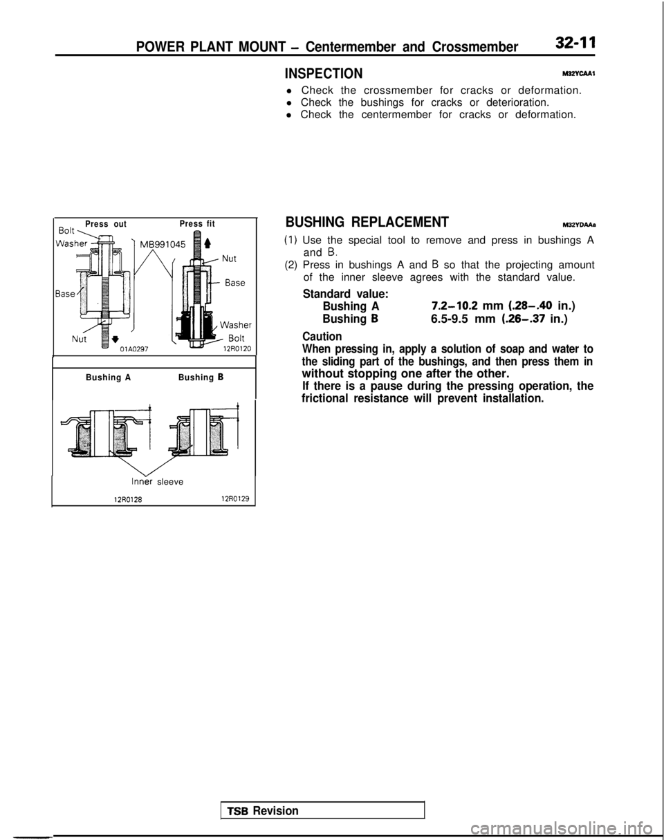 MITSUBISHI GALANT 1989 Service Repair Manual POWER PLANT MOUNT - Centermember and Crossmember32-11
INSPECTIONM32YcAAl
l Check the crossmember for cracks or deformation.
l Check the bushings for cracks or deterioration.
l Check the centermember f MITSUBISHI GALANT 1989 Service Repair Manual POWER PLANT MOUNT - Centermember and Crossmember32-11
INSPECTIONM32YcAAl
l Check the crossmember for cracks or deformation.
l Check the bushings for cracks or deterioration.
l Check the centermember f