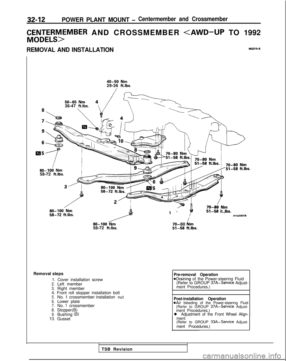 MITSUBISHI GALANT 1989 Service Repair Manual 32-12POWER PLANT MOUNT -Centermember and Crossmember
C&Et;;rSM>EMBER AND CROSSMEMBER <AWD-UP TO 1992
REMOVAL AND INSTALLATIONM32Yh-0
40-50 Nm29-36 ft.lbs.
50-65 Nm36-47 ft.lbs.80-100
Nm58-72 ftlbs. MITSUBISHI GALANT 1989 Service Repair Manual 32-12POWER PLANT MOUNT -Centermember and Crossmember
C&Et;;rSM>EMBER AND CROSSMEMBER <AWD-UP TO 1992
REMOVAL AND INSTALLATIONM32Yh-0
40-50 Nm29-36 ft.lbs.
50-65 Nm36-47 ft.lbs.80-100
Nm58-72 ftlbs.