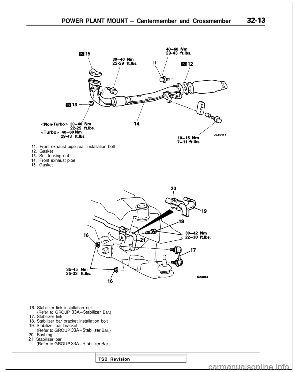 MITSUBISHI GALANT 1989 Service Repair Manual POWER PLANT MOUNT - Centermember and Crossmember32-13
<Turbo> 40-60 Nm29-43 ftlbs.
11.12.
13.Front exhaust pipe rear installation bolt
Gasket
Self locking nut
Front exhaust pipe
Gasket
14.
15. <Non-l
MITSUBISHI GALANT 1989 Service Repair Manual POWER PLANT MOUNT - Centermember and Crossmember32-13
<Turbo> 40-60 Nm29-43 ftlbs.
11.12.
13.Front exhaust pipe rear installation bolt
Gasket
Self locking nut
Front exhaust pipe
Gasket
14.
15. <Non-l