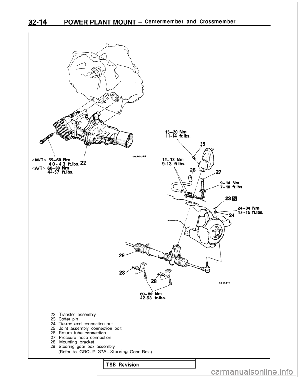 MITSUBISHI GALANT 1989 Service Repair Manual 32-14POWER PLANT MOUNT -Centermember and Crossmember
\I<M/T> 55-60 Nm40-43 ftlbs.
22<A/T> 60-80 Nm44-57 ft.lbs.
OQAOOA5 15-20
Nm11-14 ftlbs.
\25
9-13
ftlbs.
0110473
60-8&Nm42-58 ft.lbs.
22. Trans MITSUBISHI GALANT 1989 Service Repair Manual 32-14POWER PLANT MOUNT -Centermember and Crossmember
\I<M/T> 55-60 Nm40-43 ftlbs.
22<A/T> 60-80 Nm44-57 ft.lbs.
OQAOOA5 15-20
Nm11-14 ftlbs.
\25
9-13
ftlbs.
0110473
60-8&Nm42-58 ft.lbs.
22. Trans
