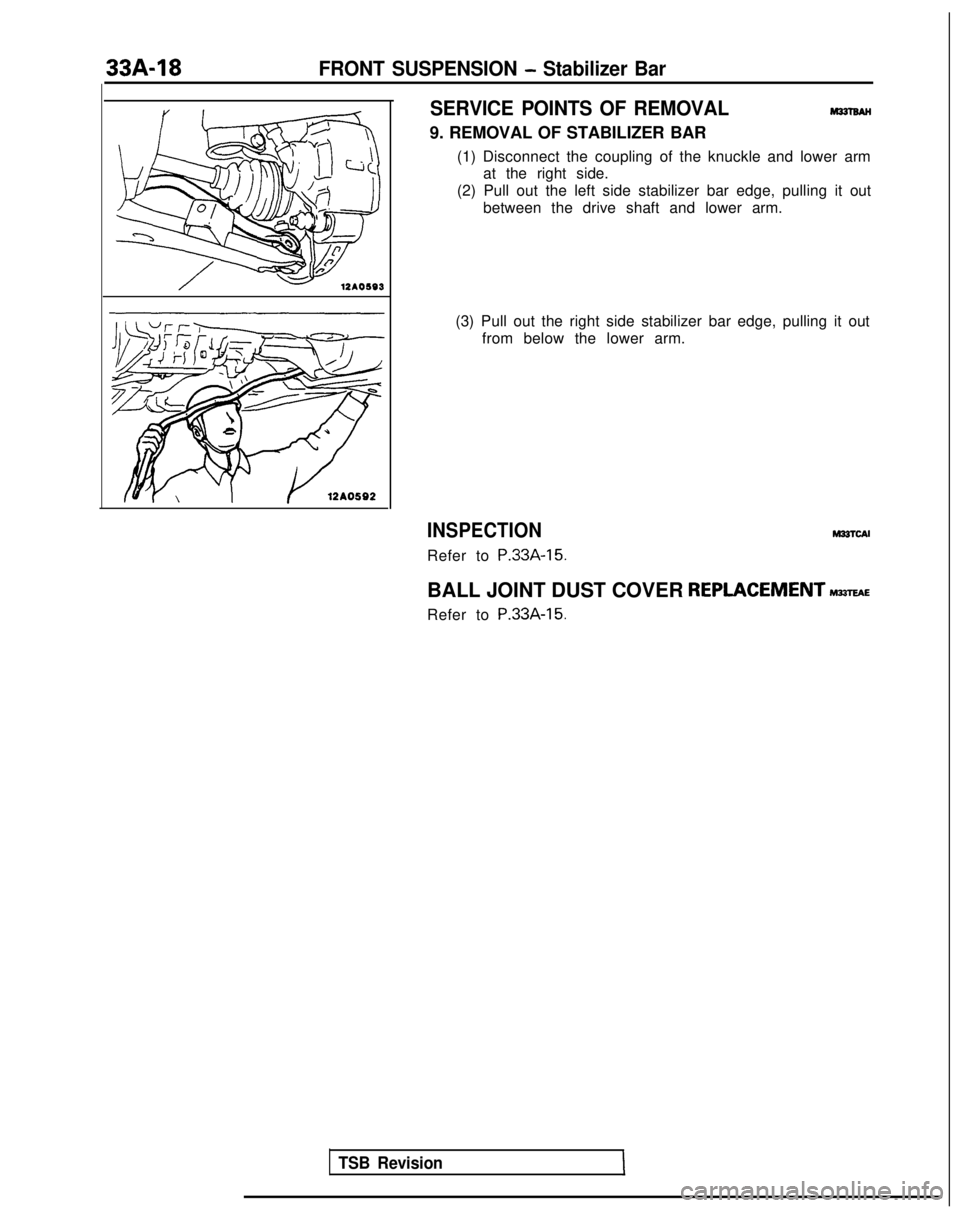 MITSUBISHI GALANT 1989  Service Repair Manual 33A-18FRONT SUSPENSION - Stabilizer Bar
SERVICE POINTS OF REMOVAL
9. REMOVAL OF STABILIZER BAR (1) Disconnect the coupling of the knuckle and lower armat the right side.
(2) Pull out the left side sta