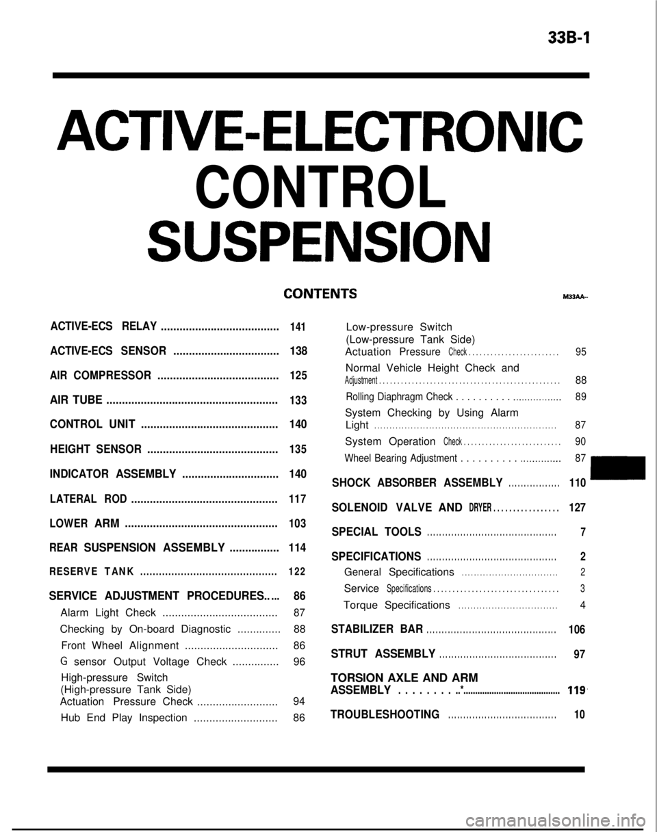 MITSUBISHI GALANT 1989  Service Repair Manual 339-l
ACTIVE-ELECTRONIC
CONTROL
SUSPENSION
ACTIVE-ECS RELAY......................................141
ACTIVE-ECSSENSOR.................................. 138
AIRCOMPRESSOR...............................