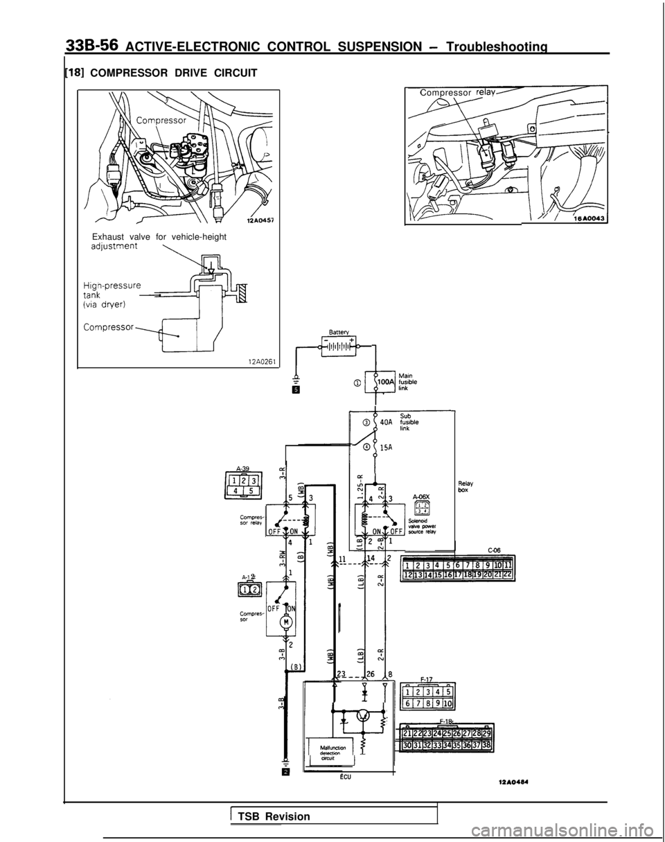 MITSUBISHI GALANT 1989  Service Repair Manual 33B-56 ACTIVE-ELECTRONIC CONTROL SUSPENSION - Troubleshooting
[18] COMPRESSOR DRIVE CIRCUITExhaust valve for vehicle-height
12A0261 BatteWr=-
r
d
ii
\
Compressor relay----
-d-i==1
a
-ISub@ 40A fusible
