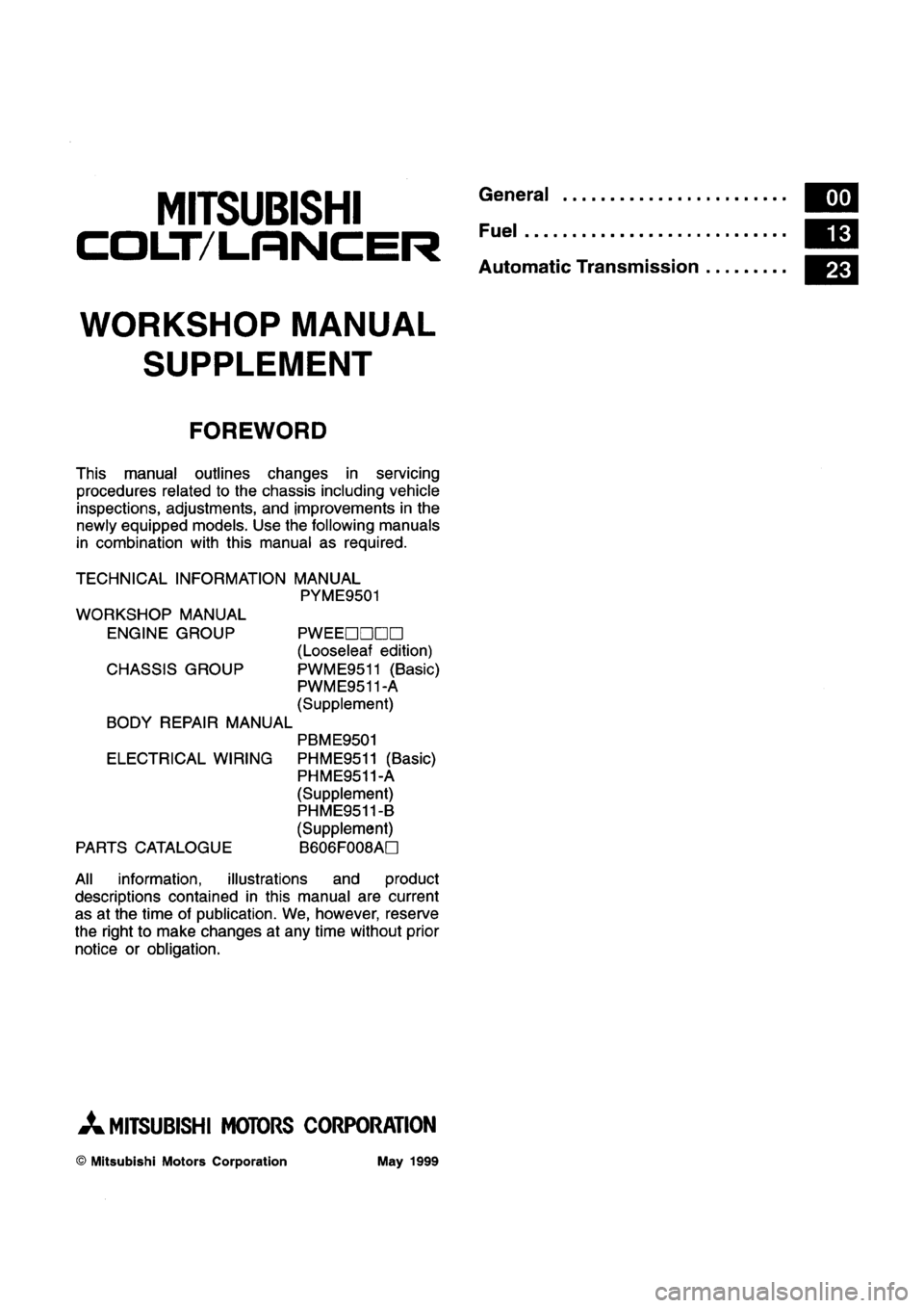 MITSUBISHI LANCER 2000 Workshop Manual Suplement MITSUBISHI LANCER 2000 Workshop Manual Suplement