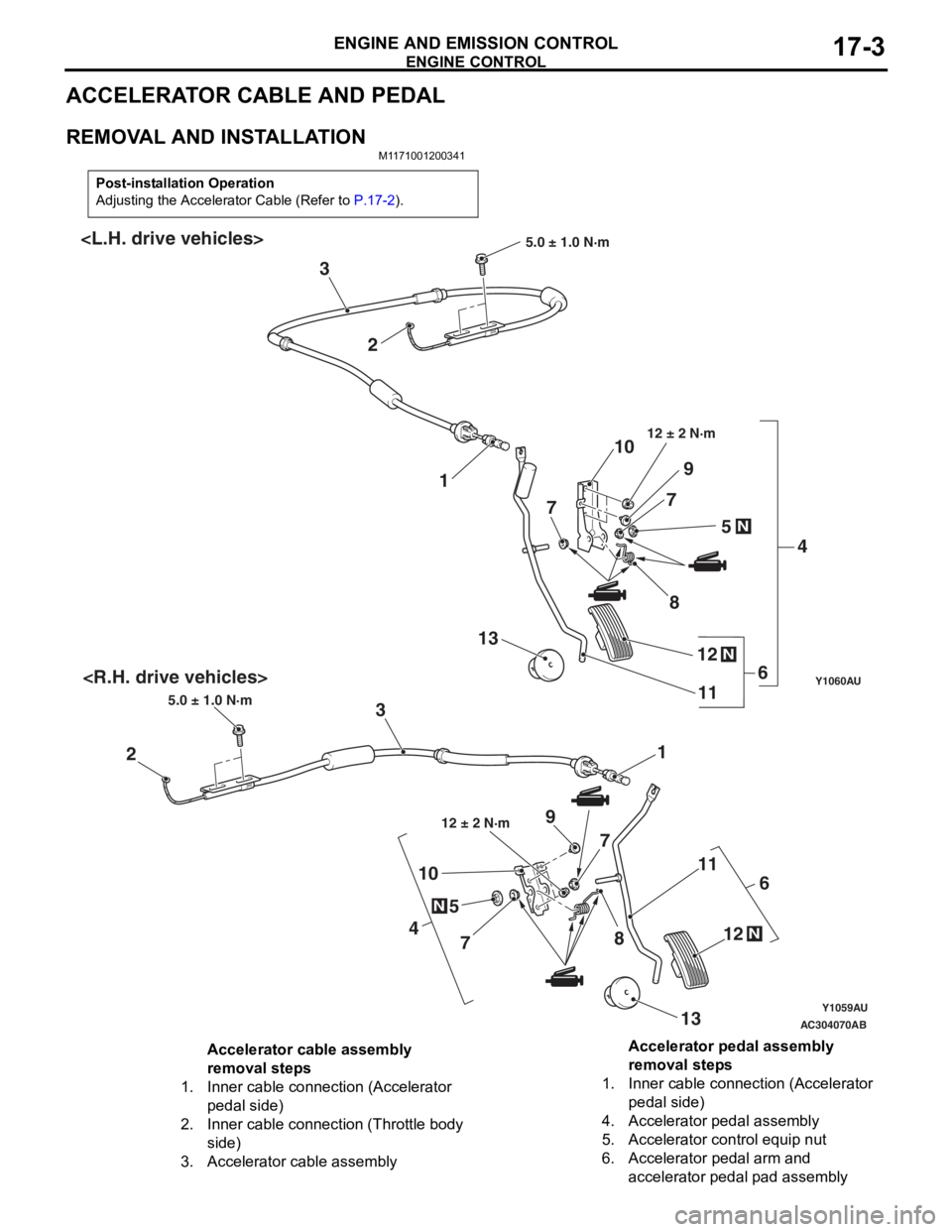 MITSUBISHI LANCER 2006 Owners Manual
ENGINE CONTROL
ENGINE AND EMISSION CONTROL17-3
ACCELERATOR CABLE AND PEDAL
REMOVAL AND INSTALLATION
M1171001200341
Post-installation Operation
Adjusting the Accelerator Cable (Refer to P.17-2).
Y1059 MITSUBISHI LANCER 2006 Owners Manual
ENGINE CONTROL
ENGINE AND EMISSION CONTROL17-3
ACCELERATOR CABLE AND PEDAL
REMOVAL AND INSTALLATION
M1171001200341
Post-installation Operation
Adjusting the Accelerator Cable (Refer to P.17-2).
Y1059