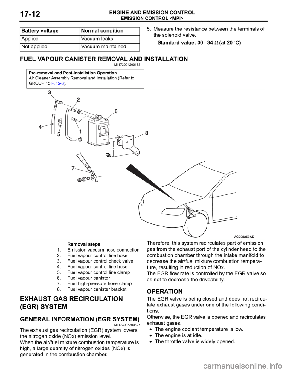 MITSUBISHI LANCER 2006 Workshop Manual
Battery voltageNormal condition
AppliedVacuum leaks
Not appliedVacuum maintained
EMISSION CONTROL <MPI>
ENGINE AND EMISSION CONTROL17-12
5. Measure the resistance between the terminals of the solenoi MITSUBISHI LANCER 2006 Workshop Manual
Battery voltageNormal condition
AppliedVacuum leaks
Not appliedVacuum maintained
EMISSION CONTROL <MPI>
ENGINE AND EMISSION CONTROL17-12
5. Measure the resistance between the terminals of the solenoi