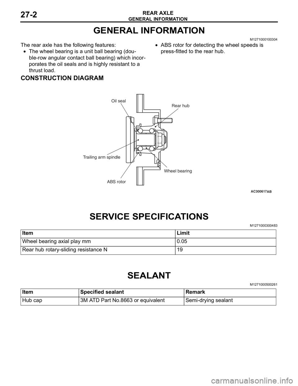 MITSUBISHI LANCER 2006 Workshop Manual
GENERAL INFORMATION
REAR AXLE27-2
GENERAL INFORMATION
M1271000100304
The rear axle has the following features:
•The wheel bearing is a unit ball bearing (dou-
ble-row angular contact ball bearing) MITSUBISHI LANCER 2006 Workshop Manual
GENERAL INFORMATION
REAR AXLE27-2
GENERAL INFORMATION
M1271000100304
The rear axle has the following features:
•The wheel bearing is a unit ball bearing (dou-
ble-row angular contact ball bearing)