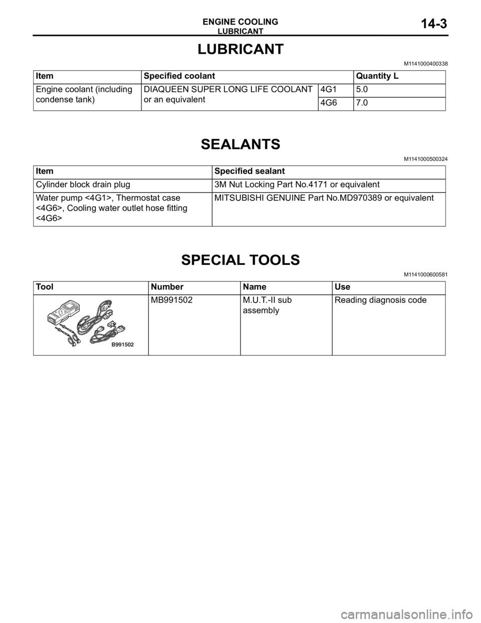 MITSUBISHI LANCER 2006  Workshop Manual 
LUBRICANT
ENGINE COOLING14-3
LUBRICANT
M1141000400338
ItemSpecified coolantQuantity L
Engine coolant (including 
condense tank)DIAQUEEN SUPER LONG LIFE COOLANT 
or an equivalent4G15.0
4G67.0
SEALANTS