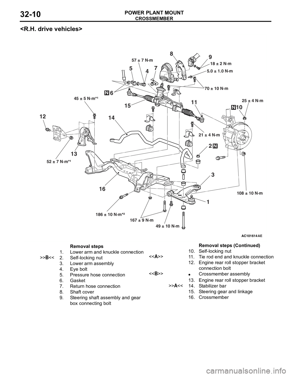 MITSUBISHI LANCER 2006 Workshop Manual
CROSSMEMBER
POWER PLANT MOUNT32-10
<R.H. drive vehicles>
AC101614
12
3
4
5
6 7
8
9
10
11
12
13 14
15
16
45 ± 5 N·m*¹
52 ± 7 N·m*¹ 186 ± 10 N·m*²167 ± 9 N·m
49 ± 10 N·m 108 ± 10 N·m25  MITSUBISHI LANCER 2006 Workshop Manual
CROSSMEMBER
POWER PLANT MOUNT32-10
<R.H. drive vehicles>
AC101614
12
3
4
5
6 7
8
9
10
11
12
13 14
15
16
45 ± 5 N·m*¹
52 ± 7 N·m*¹ 186 ± 10 N·m*²167 ± 9 N·m
49 ± 10 N·m 108 ± 10 N·m25 Â