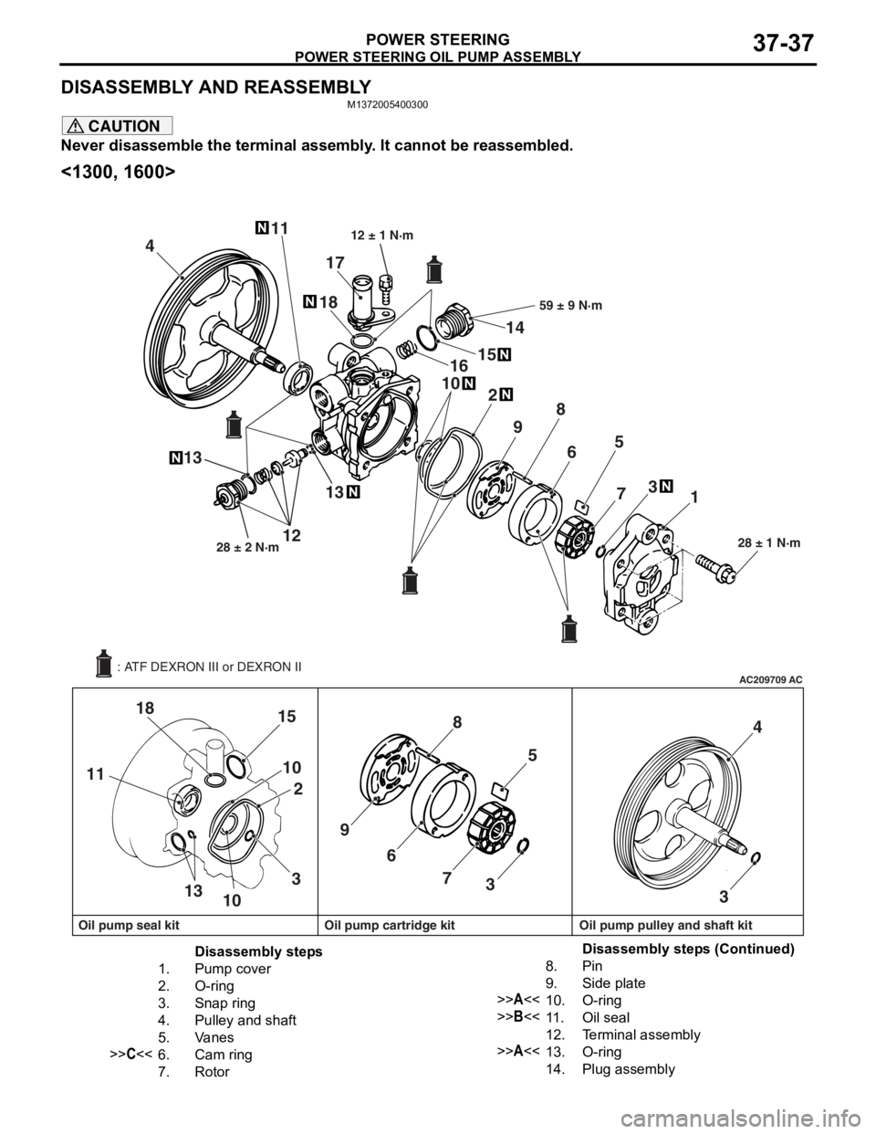 MITSUBISHI LANCER 2006 Manual PDF
POWER STEERING OIL PUMP ASSEMBLY
POWER STEERING37-37
DISASSEMBLY AND REASSEMBLY
M1372005400300
CAUTION
Never disassemble the terminal assembly. It cannot be reassembled.
<1300, 1600>
AC209709AC
411
1 MITSUBISHI LANCER 2006 Manual PDF
POWER STEERING OIL PUMP ASSEMBLY
POWER STEERING37-37
DISASSEMBLY AND REASSEMBLY
M1372005400300
CAUTION
Never disassemble the terminal assembly. It cannot be reassembled.
<1300, 1600>
AC209709AC
411
1