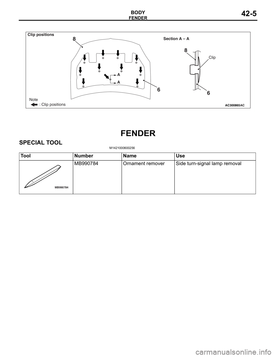 MITSUBISHI LANCER 2006  Workshop Manual 
AC300865
Note
         : Clip positions
Section A – A
AC
Clip
A
A
6
8
6
8
Clip positions
FEN
D ER
BOD Y42-5
FENDER
SPECIAL T O OL
M14210006 0025 6
ToolNumberNameUse
MB990784
MB990784Ornament remove