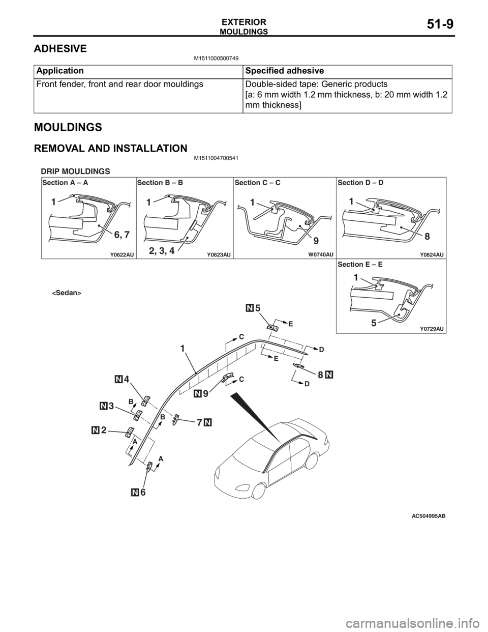 MITSUBISHI LANCER 2006 Workshop Manual
MOULDINGS
EXTERIOR51-9
ADHESIVE
M1511000500749
ApplicationSpecified adhesive
Front fender, front and rear door mouldingsDouble-sided tape: Generic products
[a: 6 mm width 1.2 mm thickness, b: 20 mm w MITSUBISHI LANCER 2006 Workshop Manual
MOULDINGS
EXTERIOR51-9
ADHESIVE
M1511000500749
ApplicationSpecified adhesive
Front fender, front and rear door mouldingsDouble-sided tape: Generic products
[a: 6 mm width 1.2 mm thickness, b: 20 mm w
