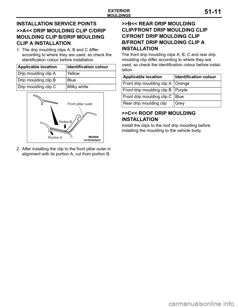 MITSUBISHI LANCER 2006 Workshop Manual
MOULDINGS
EXTERIOR51-11
INSTALLATION SERVICE POINTS
>>A<< DRIP MOULDING CLIP C/DRIP
MOULDING CLIP B/DRIP MOULDING
CLIP A INSTALLATION
1. The drip moulding clips A, B and C differ according to where MITSUBISHI LANCER 2006 Workshop Manual
MOULDINGS
EXTERIOR51-11
INSTALLATION SERVICE POINTS
>>A<< DRIP MOULDING CLIP C/DRIP
MOULDING CLIP B/DRIP MOULDING
CLIP A INSTALLATION
1. The drip moulding clips A, B and C differ according to where