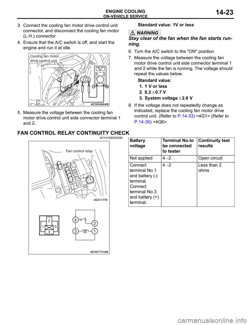 MITSUBISHI LANCER 2006 Workshop Manual
ON-VEHICLE SERVICE
ENGINE COOLING14-23
3. Connect the cooling fan motor drive control unit connector, and disconnect the cooling fan motor
(L.H.) connector.
4. Ensure that the A/C switch is off, an MITSUBISHI LANCER 2006 Workshop Manual
ON-VEHICLE SERVICE
ENGINE COOLING14-23
3. Connect the cooling fan motor drive control unit connector, and disconnect the cooling fan motor
(L.H.) connector.
4. Ensure that the A/C switch is off, an