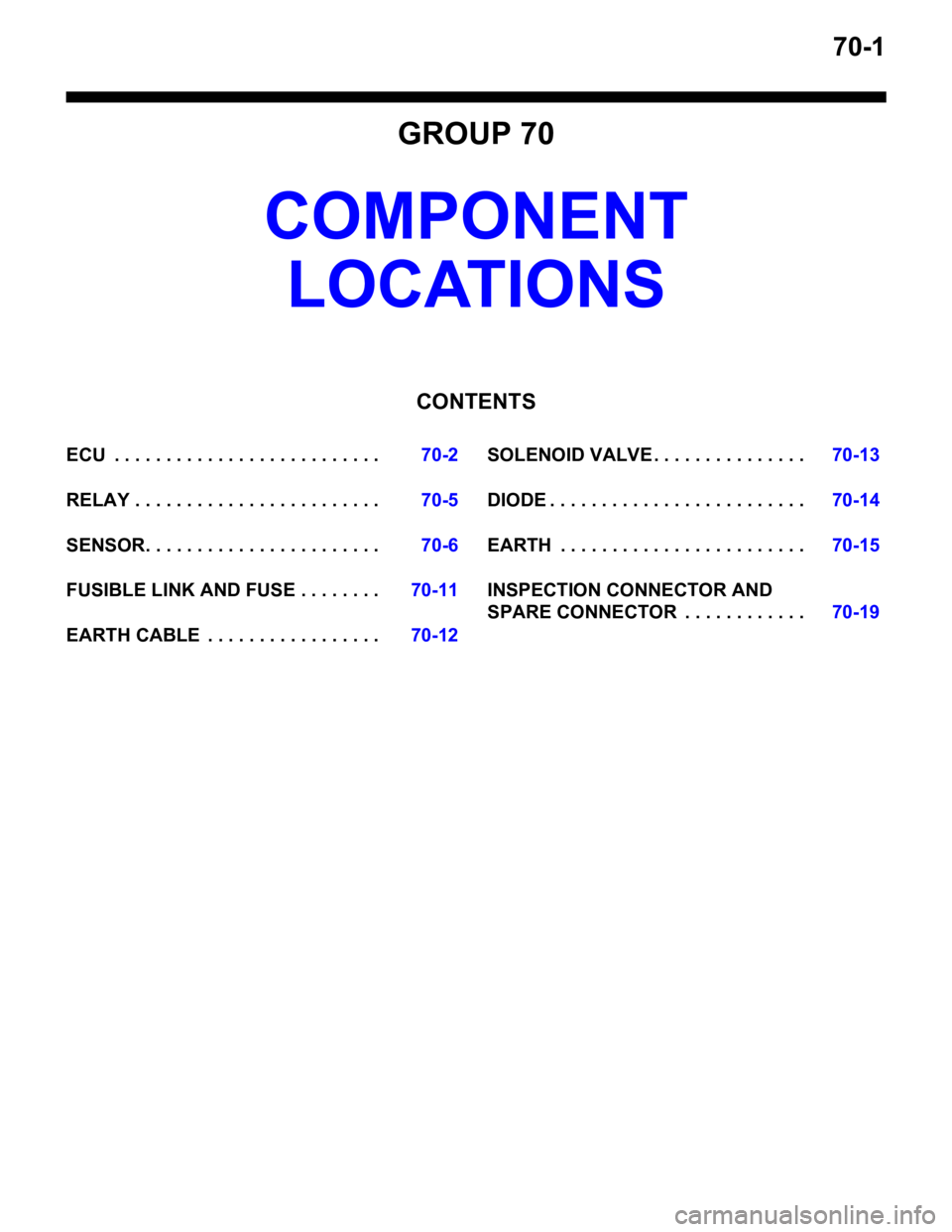 MITSUBISHI LANCER 2006 Owners Guide 70-1
GROUP 70
COMPONENT
LOC ATIONS
CONTENTS
ECU . . . . . . . . . . . . . . . . . . . . . . . . . .70-2
RELAY . . . . . . . . . . . . . . . . . . . . . . . .70-5
SENSOR. . . . . . . . . . . . . . MITSUBISHI LANCER 2006 Owners Guide 70-1
GROUP 70
COMPONENT
LOC ATIONS
CONTENTS
ECU . . . . . . . . . . . . . . . . . . . . . . . . . .70-2
RELAY . . . . . . . . . . . . . . . . . . . . . . . .70-5
SENSOR. . . . . . . . . . . . . .