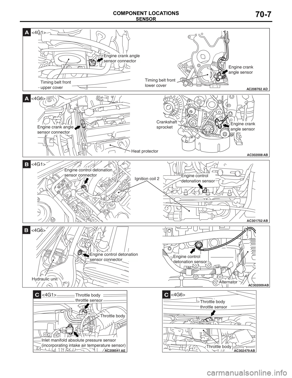 MITSUBISHI LANCER 2006 Owners Guide
AC208762
A
AD
Timing belt front
upper coverTiming belt front
lower coverEngine crank
angle sensor
<4G1>
Engine crank angle
sensor connector
AC302008
A<4G6>
ABHeat protector
Crankshaft
sprocket
Engine MITSUBISHI LANCER 2006 Owners Guide
AC208762
A
AD
Timing belt front
upper coverTiming belt front
lower coverEngine crank
angle sensor
<4G1>
Engine crank angle
sensor connector
AC302008
A<4G6>
ABHeat protector
Crankshaft
sprocket
Engine