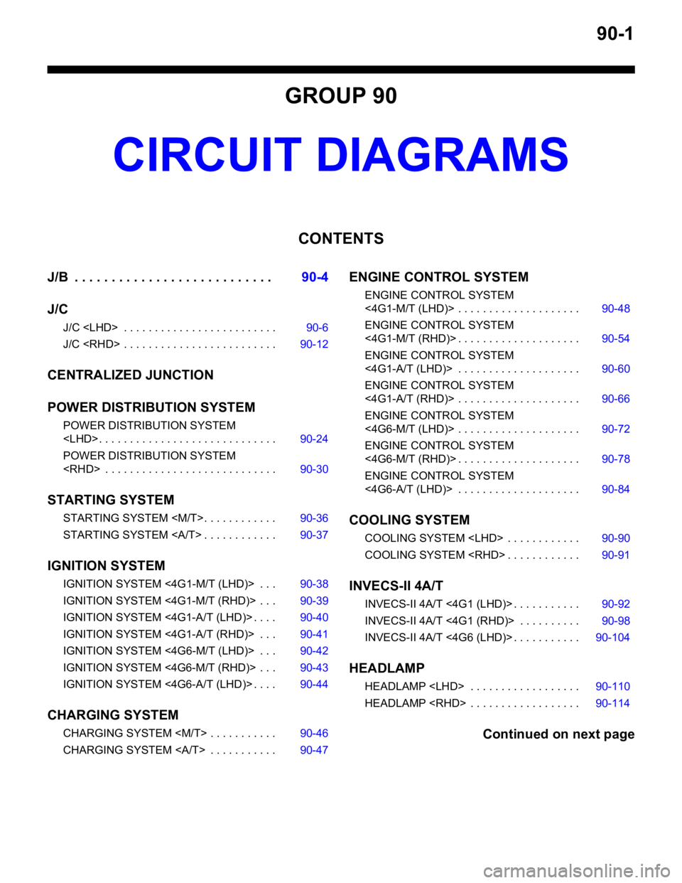 MITSUBISHI LANCER 2006 Workshop Manual 90-1
GROUP 90
CIRCUIT DIAGRAMS
CONTENTS
J/B . . . . . . . . . . . . . . . . . . . . . . . . . . .90-4
J/C
J/C <LHD> . . . . . . . . . . . . . . . . . . . . . . . . . 90-6
J/C <RHD> . . . . . . . . MITSUBISHI LANCER 2006 Workshop Manual 90-1
GROUP 90
CIRCUIT DIAGRAMS
CONTENTS
J/B . . . . . . . . . . . . . . . . . . . . . . . . . . .90-4
J/C
J/C <LHD> . . . . . . . . . . . . . . . . . . . . . . . . . 90-6
J/C <RHD> . . . . . . . .